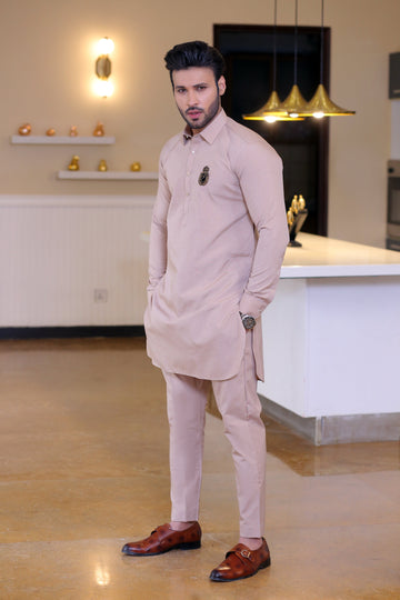 Beige Color Golden Embroidered Kurta Pajama For Men